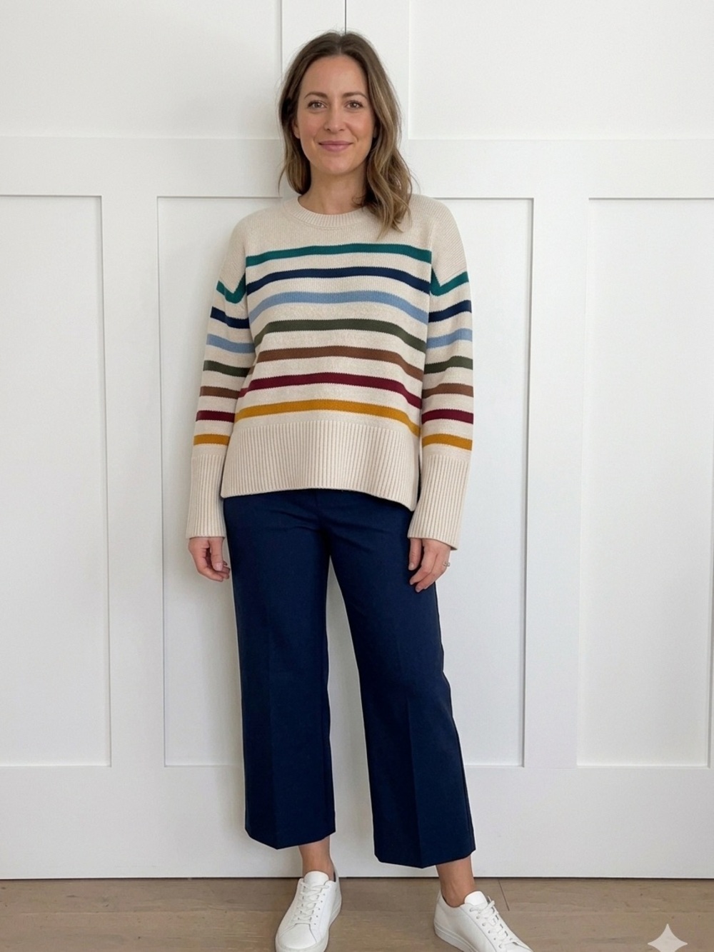 GAP Cream Cropped Crewneck Sweater with Multi-Colored Stripes Size Large